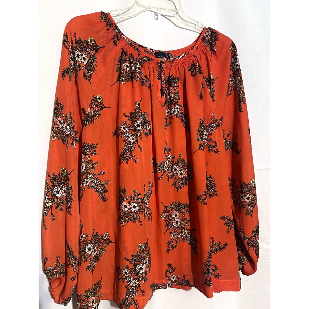 Kaari Blue Orange Floral Sheer Chiffon Round Neck Blouse Women's XL